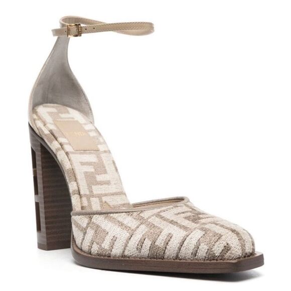 Fendi Monogram Jacquard FF-Logo Print Pointed Toe Ankle Strap High Heel Size 41 - Picture 2 of 13
